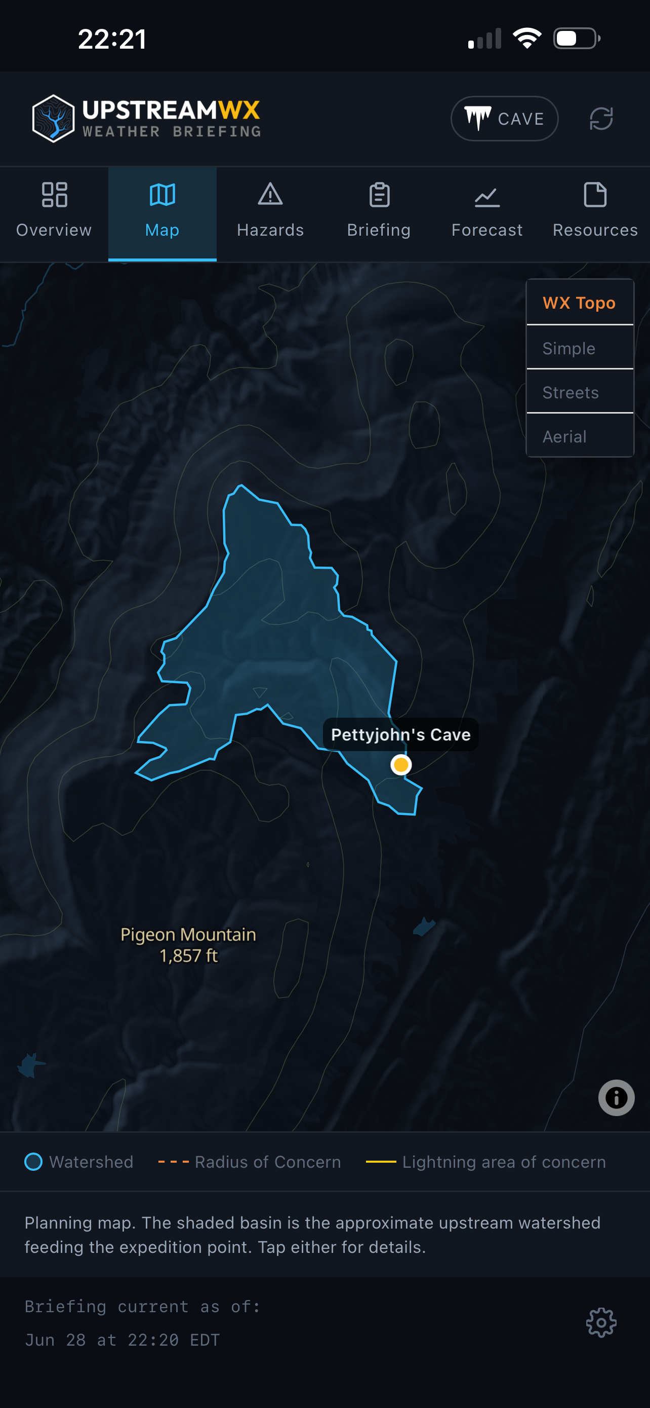 UpstreamWX map view showing the upstream watershed for Pettyjohn's Cave on a dark topo basemap